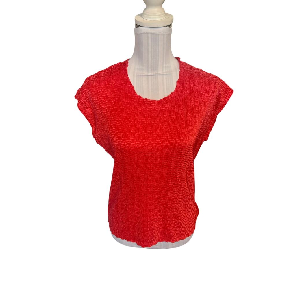 Kim Rogers Red Crinkle Blouse Scoop Neck Size M